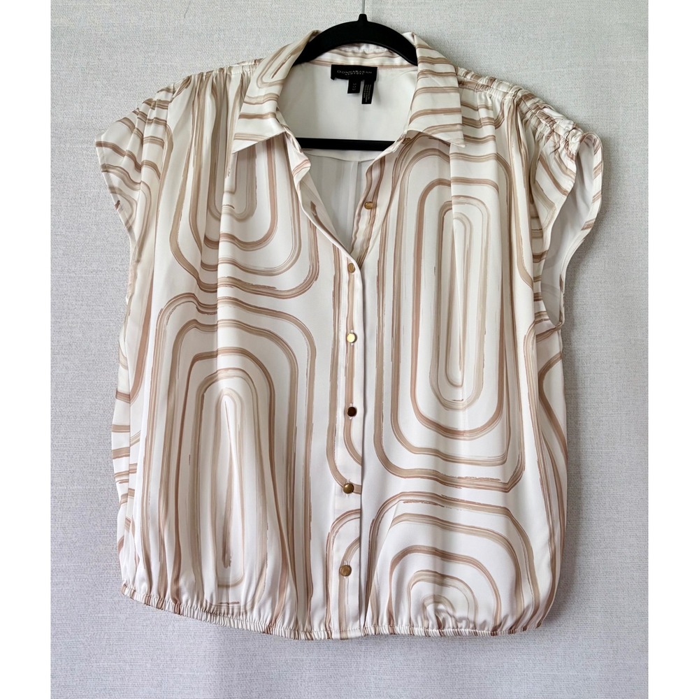 Donna Karan New York Women Abstract Print Button Down Blouse Tan Cream Medium